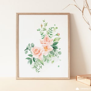 Blush Rose Art Print Pink Rose Wall Art Printable Watercolor Green ...