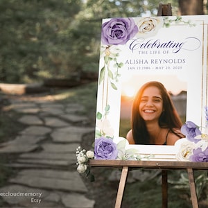 Purple floral cream rose Celebrating the Life Sign White and Violet Life Celebration Sign violet flower Memorial Service sign Funeral Sign