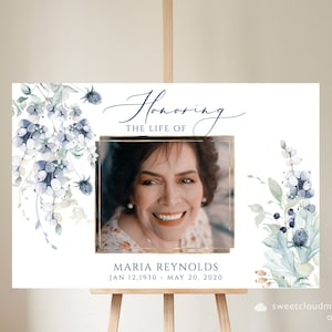 Dusty Blue Funeral Welcome Sign Blue flower Celebration of Life Sign Poster Gold frame Memorial Service Poster Elegant Funeral steel blue