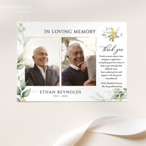 Cartão de agradecimento de funeral dourado com duas fotos Cartão de agradecimento de funeral de vegetação Cartão memorial editável para impressão Modelo de cartão de agradecimento funeral Jay
