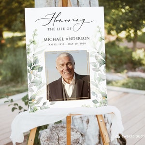 Green leaves Celebrating the Life Sign Life Celebration Sign Gold Frame Memorial Service Poster Funeral Sign Men Funeral Grandfather JAY