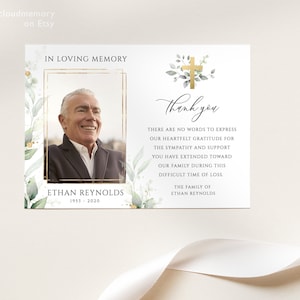 Gold Cross Funeral Merci Card Greenery Funeral Merci Photo Editable Memorial Card Imprimable Merci catholique carte funéraire crucifix