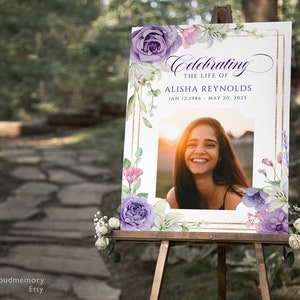 Purple floral Celebrating the Life Sign  dusty purple Life Celebration Sign violet flower Memorial Service sign Funeral Sign gold frame sign