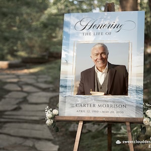 Blauer Himmel Gold Beerdigung Poster Vorlage Seascape In liebevoller Erinnerung Zeichen Celebrating the Life Seascape Life Feier Zeichen Trauerfeier