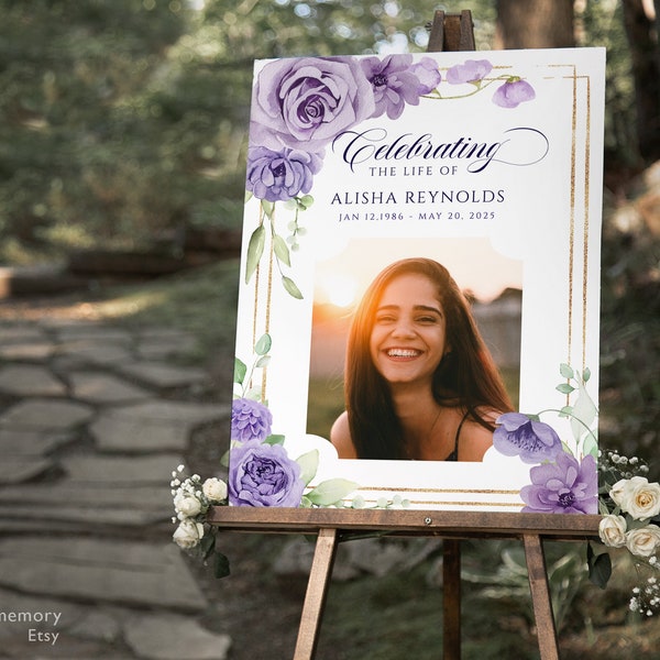 Purple floral Celebrating the Life Sign  dusty purple Life Celebration Sign violet flower Memorial Service sign Funeral Sign gold frame sign