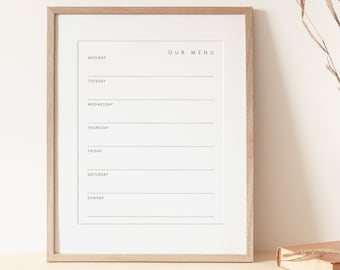 Gráfico de menú semanal Tarjeta de menú simple editable Plantilla de letrero de menú semanal Letrero de menú minimalista imprimible Menú moderno 5x7 11x14 8x10 8.5x11 A4