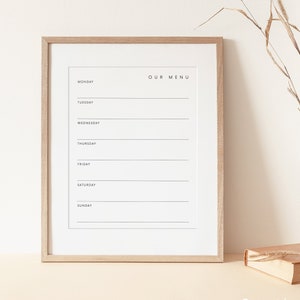 Tableau des menus de la semaine, modifiable Menu simple, carte de table, modèle de carte de menu hebdomadaire, signe de menu minimal imprimable, menu moderne 5 x 7 11 x 14 8 x 10 8,5 x 11 A4