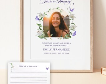 Purple butterfly Share A Memory Card and Sign For Funeral lily butterfly Share A Memory sign Words Of Love with photo, Memorial Memory card