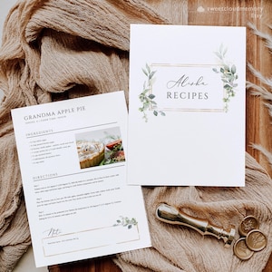 Tarjetas de recetas TAMAÑO CARTA DE EE. UU. Tarjetas de recetas de 8,5 x 11 Tarjeta de recetas de Canva Plantilla de receta de vegetación dorada Plantilla de libro de cocina editable Receta elegante