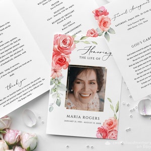Red Rose Funeral Program Template Red flower Funeral Memorial program Funeral Service In loving Memory Obituary Celebration of life Ruby