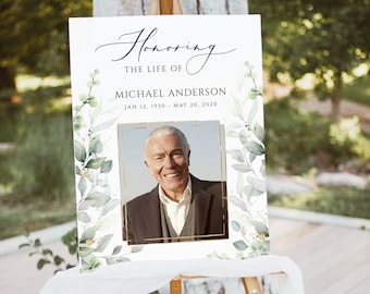 Green leaves Celebrating the Life Sign Life Celebration Sign Gold Frame Memorial Service Poster Funeral Sign Men Funeral Grandfather JAY