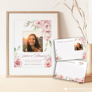 Blush rose Compartilhe um cartão de memória e sinal para funeral, rosa empoeirado Compartilhe um sinal de memória, palavras de amor com foto, cartão Memorial Memory Box