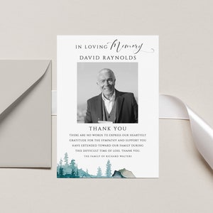 Carte funéraire de montagne Merci Photo funéraire Merci Carte modifiable Carte commémorative Imprimable Carte de remerciement Modèle carte funéraire Rick
