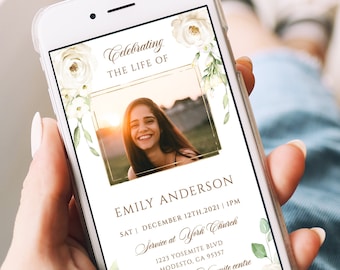 May include: A digital memorial card with a white floral border and a gold frame. The card features a photo of a young woman smiling and the text "Celebrating the Life of Emily Anderson". The card also includes the date and time of the service, the name of the church, and the address.