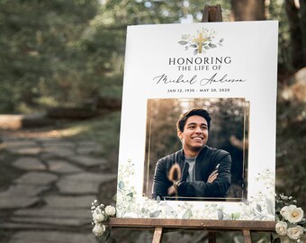 Green leave gold cross Celebrating the Life Sign Life Celebration Sign Gold Frame Memorial Service Poster Funeral Sign Men Funeral Ron