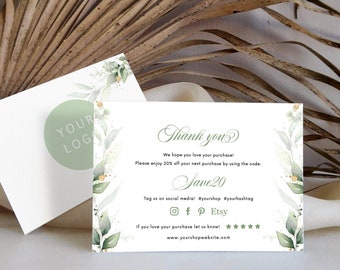 Greenery Business Thank You Card Gold and Green Business thank you Template Thank You Package Insert  Thank You For Your Purchase printable
