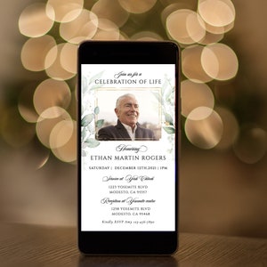 Digital Photo Funeral Invitation Gold frame E-invite Greenery Funeral Photo electronic card Electronic Memorial Invite Card editable Card