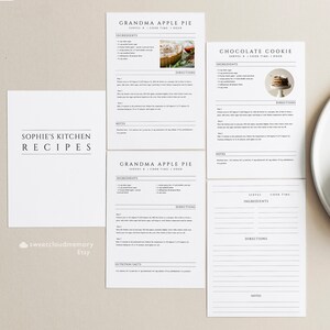 May include: Printable recipe cards with a white background and black text. The cards feature recipes for Grandma Apple Pie and Chocolate Cookie. The cards include ingredients, directions, and notes sections. The cards also include a picture of the finished dish.