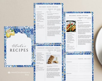 Blue Tile Recipe Book Template Cookbook Blue mediterranean Editable Recipe Binder Printable mediterranean Lemon recipe Template 8.5x11 A4