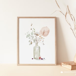 May include: A watercolor painting of a bouquet of flowers in a clear glass vase. The flowers are a mix of pink, white, and green, and there are some small berries and a fig on the table below the vase.