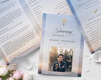 Blue sky Gold cross Funeral Program Template Funeral Memorial program Funeral Service In loving Memory Obituary Celebration of life Funeral