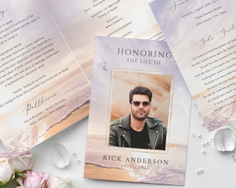 Sunset ocean Funeral Program Template Seascape Funeral Memorial program Funeral Service Sunrise Beach In loving Memory Celebration of life