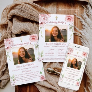 Pink Rose Begrafenisuitnodiging sjabloon, Gouden kruis Fotoviering van het leven uitnodiging, Blush bloemen Begrafenis elektronische uitnodiging digitaal