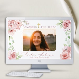 Fundo virtual de foto funeral floral blush, modelo ZOOM para memorial virtual, fundo de computador rosa cruz dourada para memorial