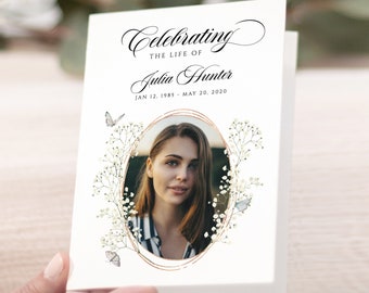 Gold white floral Funeral Program Template butterfly Funeral Memorial program Service loving Memory Celebration of life Baby’s Breath Flower
