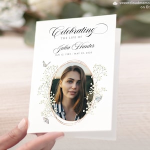 Guldvit blommig begravningsprogrammall fjäril begravning minnesprogram gudstjänst kärleksfull minne firande av livet baby’s breath blomma