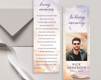 Sonnenstrahl und Ozean Gold in liebevoller Erinnerung Funeral Lesezeichen Vorlage lila orange Feier des Lebens Lesezeichen Funeral Andenken Erinnerungskarte