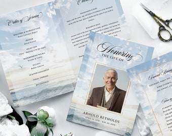 Blue sky Gold Funeral Program Template Seascape Funeral Memorial program Funeral Service In loving Memory Sunrise Sky  Life Celebration