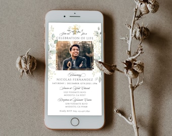 May include: A digital invitation for a celebration of life for Nicolas Fernandez. The invitation features a photo of the deceased, a cross, and floral designs. It includes the date, time, and location of the service and reception.