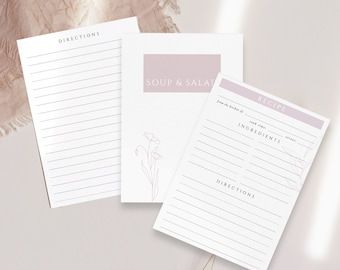 May include: Three printable recipe cards with a minimalist design. The cards are white with a light purple accent and feature a simple line drawing of flowers. The cards are labeled "Directions", "Soup & Salad", and "Recipe".