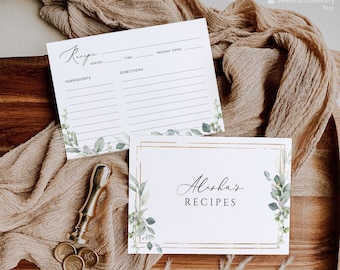 Bearbeitbare Rezeptkartenvorlage Greenery Recipe Divider Karte Rezeptkarte CookBook Karte grünes Blatt Printable Rezeptvorlage 4x6 5x7 4,25x5,5