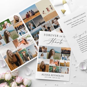 Könnte beinhalten: Eine weiße Gedenkkarte mit einer Collage von Fotos einer jungen Frau. Die Karte trägt den Text "Forever in Our Hearts" und "Alisha Reynolds" mit den Daten "Jan 12, 1986 - May 20, 2025".
