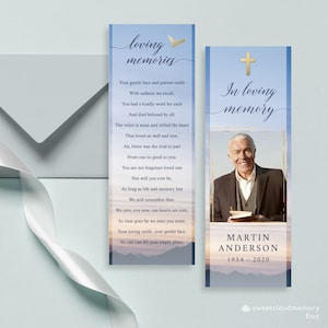 Ciel bleu Croix d'or dans la mémoire aimante Modèle de marque-page funéraire Sunrise Sky Célébration de la vie Marque-page Carte commémorative souvenir funéraire