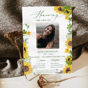 Modello di invito per funerale di girasole Girasole Invito per la celebrazione della foto della vita Floreale giallo Invito elettronico funerale floreale Giallo floreale