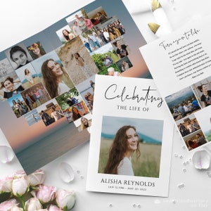 Può includere: Un biglietto commemorativo bianco con una foto in bianco e nero di una donna sorridente. Il testo "Celebrating the Life of Alisha Reynolds Jan 12, 1986 - May 20, 2025" è stampato sulla carta.