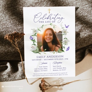 White Lily purple butterfly Funeral invitation template Gold cross Photo celebration of life invitation violet butterfly Funeral electronic