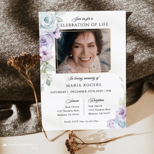 Modèle d'invitation funéraire Purple Rose Blue Rose Photo célébration de la vie invitation Cadre doré Funérailles invitation numérique En mémoire aimante
