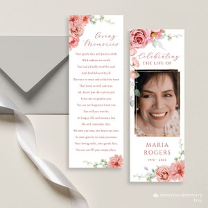 Fleur rose en mémoire aimante Modèle de marque-page Blush floral honorant la vie du marque-page Peach floral Celebration of Life Keepsake Cards