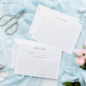 Pu&ograve; includere: Due schede di ricetta bianche con linee nere e testo. La scheda superiore dice "DIRECTIONS" e la scheda inferiore dice "RECIPE" con spazi per "cook time", "serves" e "INGREDIENTS". Le schede sono su uno sfondo di tessuto blu chiaro.