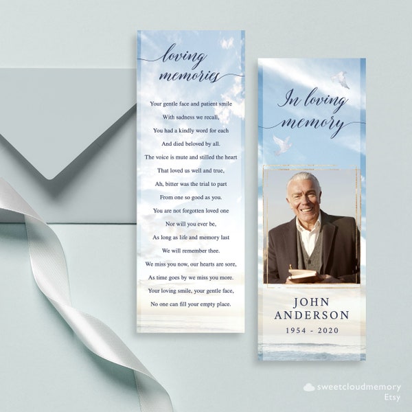 Blue sky Gold in loving memory Funeral Bookmark Template Sunrise Sky Celebration of Life Bookmark Funeral Keepsake Memorial Card Clouds