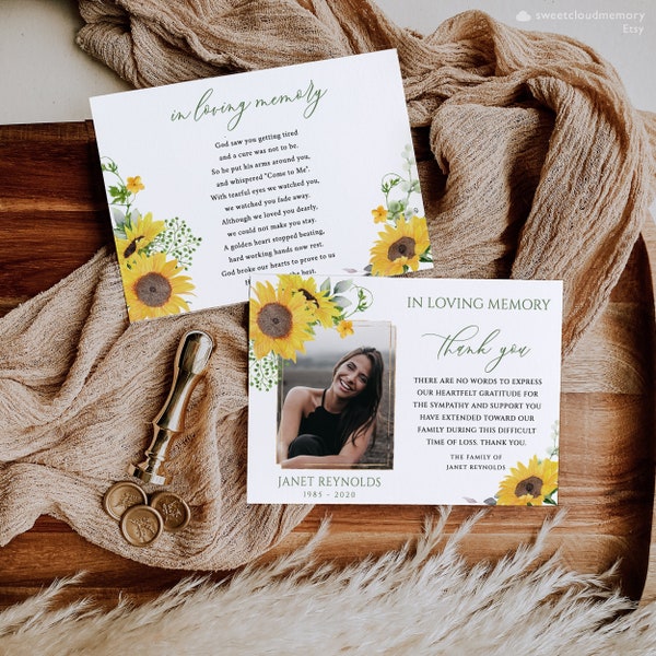 Sunflower Funeral Thank You Card Foldable Photo Funeral Thank You Yellow sunflower Photo Editable Memorial Card  Thank You In loving memory