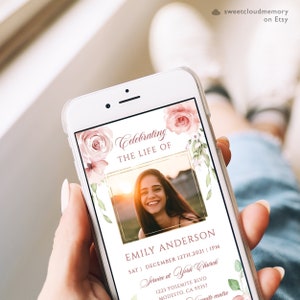 Elektronische Blush rose begrafenisaankondiging, roze roos viering van het leven uitnodiging, elektronische begrafenis uitnodigen, Memorial Evite viering