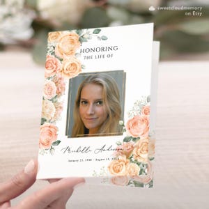Peach Rose Funeral Program Template orange floral funeral peach flower Memorial program Funeral Service In loving Memory Celebration of life