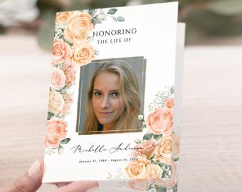 Peach Rose Funeral Program Template orange floral funeral program dusty orange flower Memorial program Funeral Service Celebration of life