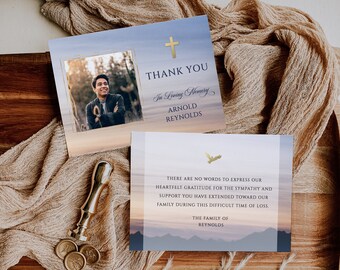Blue sky gold cross Funeral Thank You Card mountain Funeral Thank You Photo Editable Memorial Card Thank You funeral sunset sky thank you