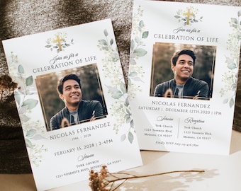 May include: A white and green floral design with a gold cross on a white background. The text "Join us for a Celebration of Life" is at the top of the card. The text "Nicolas Fernandez" is below the floral design. The text "1986 - 2028" is below the name. The text "February 15, 2028 | 2-4PM" is below the dates. The text "Service" is below the date and time. The text "York Church" is below the word "Service". The text "1223 Yosemite Blvd, Modesto, CA 95357" is below the church name.